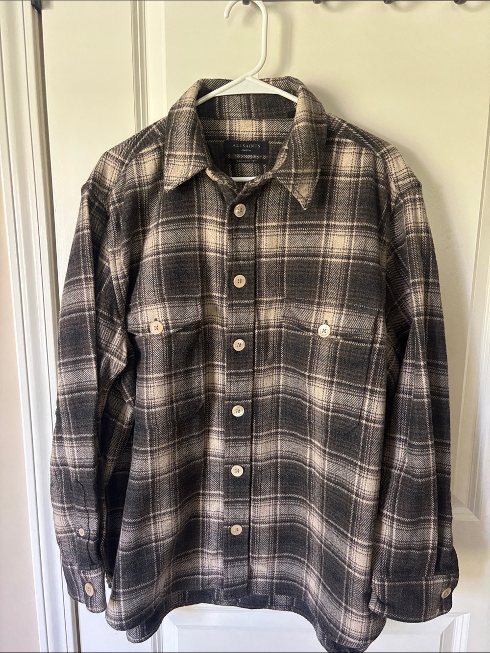 AllSaints Hamlin Plaid Button-Up Shacket in Brown & Cream